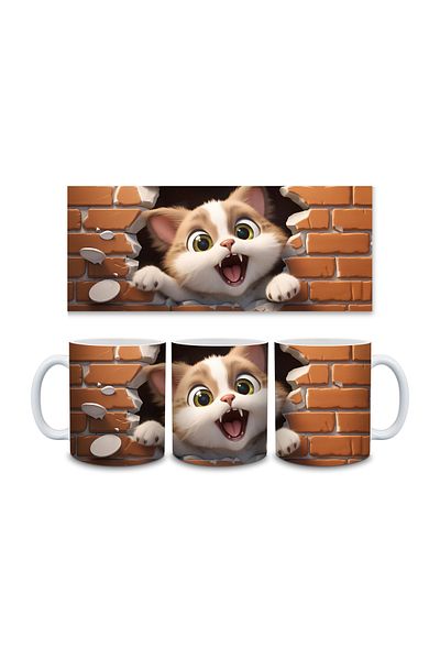Evion Cute Cat Wall 3D Design Porcelain Mug - Gift Mug - Printed Mug