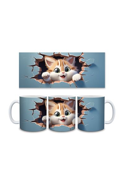 Evion Cute Cat Wall 3D Design Porcelain Mug - Gift Mug - Printed Mug