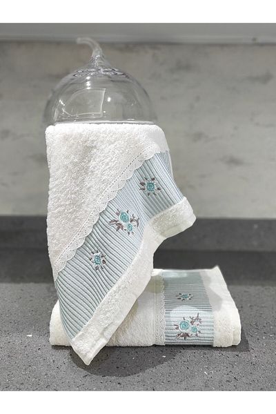 Sevim 100% Cotton & Embroidered Kitchen Towel - Set of 2 Lacy Towels - 40X60 cm - Mint Green