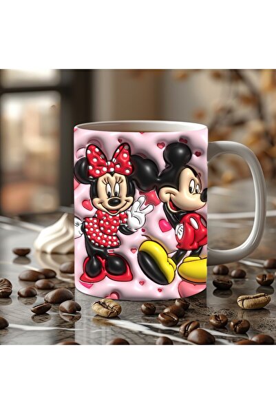 Evion Mickey Mouse Baskılı 3D Tasarım Porselen Kupa Mug - Hediyelik Kupa Bardak - Baskılı Kupa