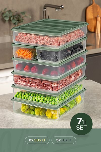 Vienev Set of 7 Green Fridge Freezer and Storage Containers - 5X(3.5Lt) 2X(1.65Lt)
