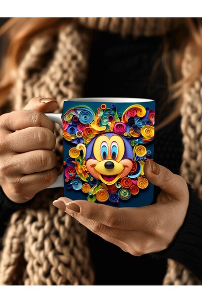 Evion Mickey Mouse Baskılı 3D Tasarım Porselen Kupa Mug - Hediyelik Kupa Bardak - Baskılı Kupa
