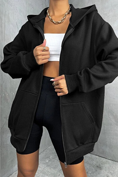 YAKAMEL Women's Black Zippered Unprinted Plain Basic Cardigan