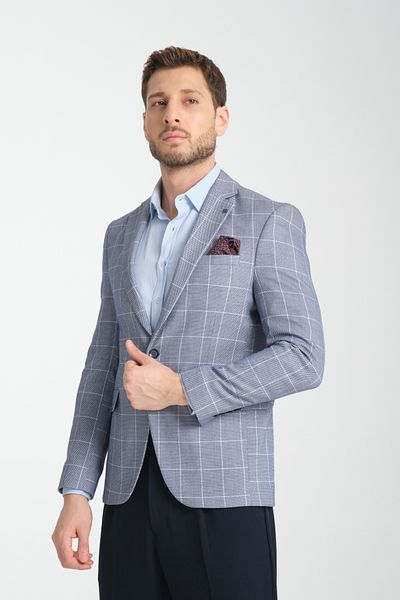 Frappoli Мъжко тъмносиньо спортно сако с моно яка Gonca Plaid