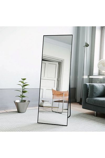 Taimi Large Mirror With Elegant Design 155x45 Cm-full Length Mirror With Black Metal Frame And Back Stand
