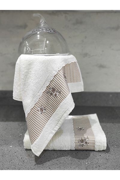 Sevim Set of 2 Embroidered Lace Towels - 100% Cotton - 40X60 cm - Cappuccino