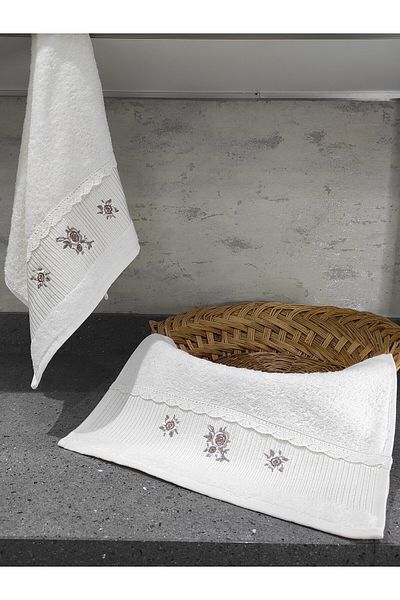 Sevim 100% Cotton Kitchen Towel - Embroidered Towel Set - Set of 2 Lacy Towels - 40X60 cm - Ecru