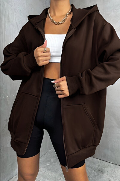 YAKAMEL Women's Brown Zippered Unprinted Plain Basic Cardigan