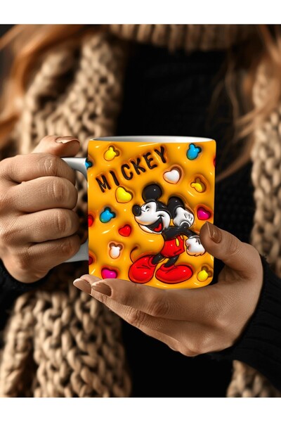 Evion Mickey Mouse Baskılı 3D Tasarım Porselen Kupa Mug - Hediyelik Kupa Bardak - Baskılı Kupa