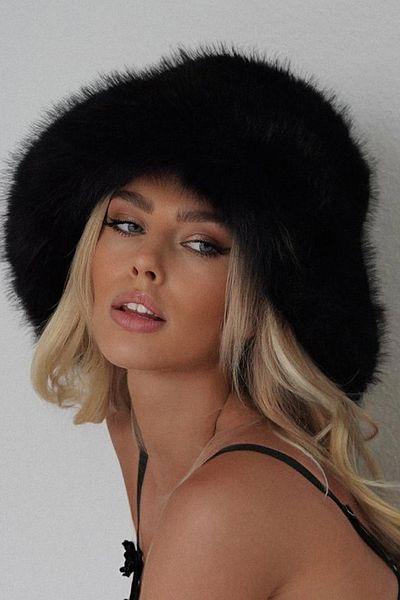 Mollycrush Plush Faux Fur Hat with Black Feather - Russian Style Stylish Elite Bucket Heart