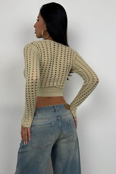 bayansepeti Tricotaj Crop ajurat Bluză Bej 23W15013