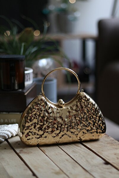 Moom Bag Pochetă de seară pentru rochie de seară cu textura ovală metalică cu textura de piatră aurie