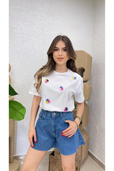 MODA تي شيرت نسائي بأكمام قصيرة مرصع بالأحجار