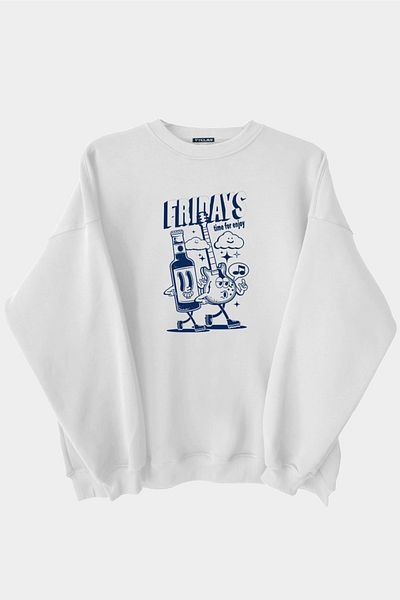 Vatkalimon Fridays Printed White Unisex Thick Fleece Inside Oversize Sweatshirt