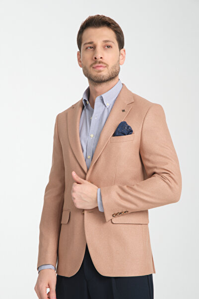 Frappoli Fevual Men's Beige Mono Collar Diagonal Patterned Slim Fit Sports Blazer Jacket