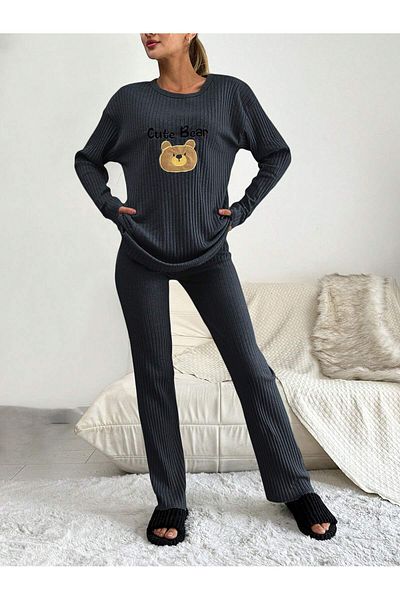 VG BOND MODA Cute Bear Teddy Bear Embroidery Detailed Women's Ribbed Pajamas Set Vg116