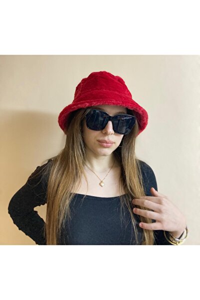 sema aksesuar Winter Red Plush Bucket Hat - Bucket Hat - New Year Christmas Gift