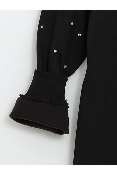 LC Waikiki LCW Modest Black Crew Neck Γυναικείο Χοντρό Φούτερ με γυαλιστερές πέτρες