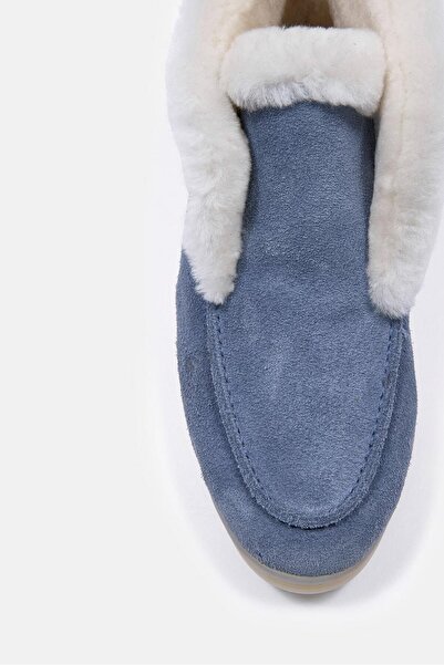 NILUFARR Damimi Kot Mavi Süet Kürklü Kadın Ayakkabı