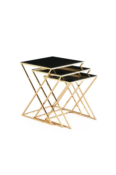 Evistro Dikdörtgen Cam X Zigon Sehpa 3 lü Çapraz Gold Ayaklı- Siyah Cam