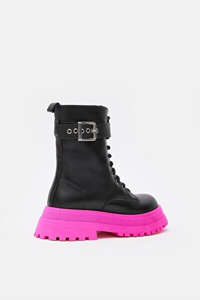 NILUFARR Anna Black Genuine Leather Pink Sole Women's Boots with Chain Accessories