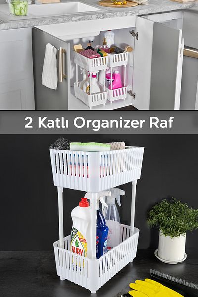Meleni Home Organizer 2 επιπέδων - Ράφι κουζίνας και μπάνιου, οργάνωση πάγκου και ντουλαπιού, λευκή θήκη απορρυπαντικού