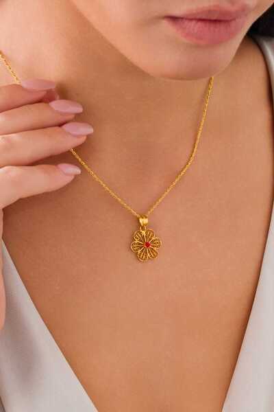 ZEYNEPLİ GOLD 14 Ayar Altın Papatya Zümrüt Kolye
