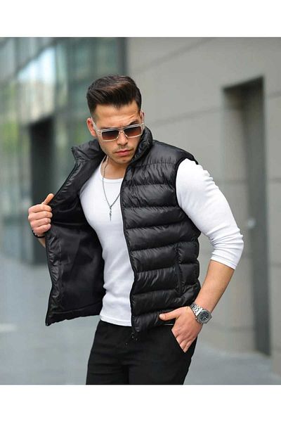 Offbeat New Season Black Inflatable Padding Zippered Pocket Stand Collar Sleeveless Vest