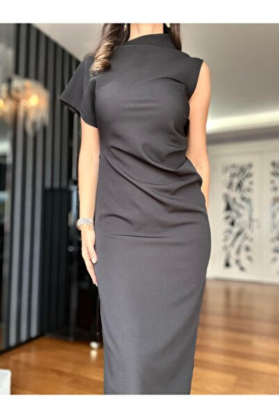Atelier Derin Drape Detaylı Yırtmaçlı Siyah Elbise