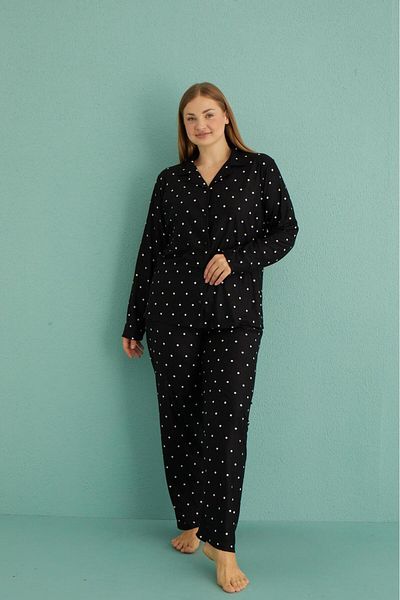 Pemilo Plus Size 20601-236 Model Suede Pajamas Set - Front Button, Black