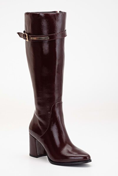 ANALİN SHOES Cizme cu toc de damă din piele lacuită roșie claret - piele naturală, detaliu cu cataramă aurie