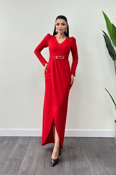 giyimmasalı Imported Crepe Fabric Pleat Detailed Dress - Red