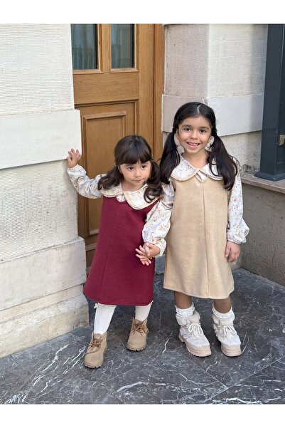 KÜÇÜĞÜM BUTİK Μπεζ φόρεμα για κορίτσια με χειμερινό λαιμόκοψη V