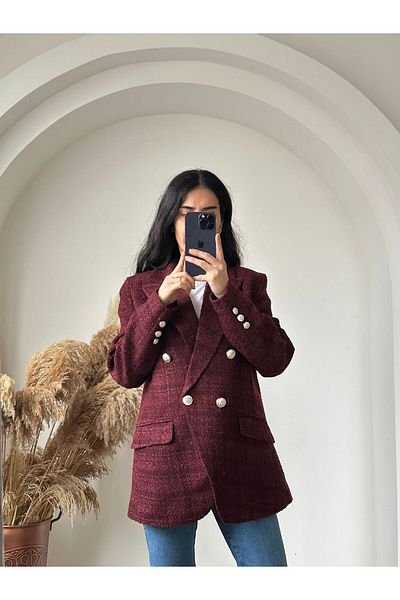 solena sln Blazer pentru damă, sezon nou, din tweed, cu piept dublu, burgundă