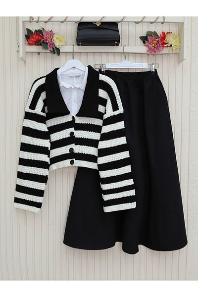 Modamorfo Gestreifter, durchbrochener Cardigan mit breitem Kragen