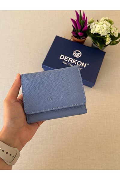 DERKON Genuine Leather Wallet with Small Loose Card Holder Misha Model Light Blue