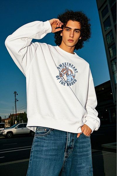 Vatkalimon Rodeo Printed White Unisex Thick Fleece Inside Oversize Sweatshirt