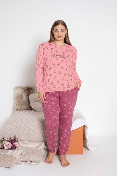 GUAVA+ Pink Heart Patterned Thermal Large Sleeve Women's Long Sleeve Pjamas Suit