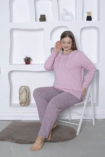 ALİMER Women's Pajama Set with Embroidery Detail - Plus Size Dusty Rose Long Sleeve Combed 2818Ukb