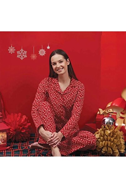 Genel Markalar Over Sleep 1600 Kadın Kışlık Yılbaşı Penye Şardonlu Pijama Takım