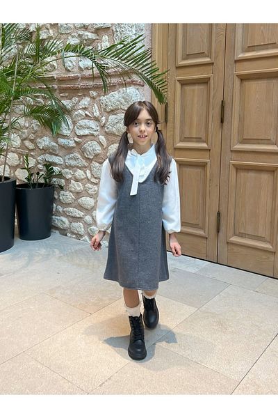 KÜÇÜĞÜM BUTİK Anthracite Stamp Girl's Winter V-Neck Gilet Dress