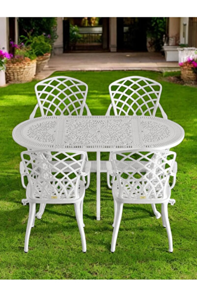 IVF Hitit Model Ferforje Görünümlü Plastik Oval 4'lü Masa ve Sandalye Takım B...