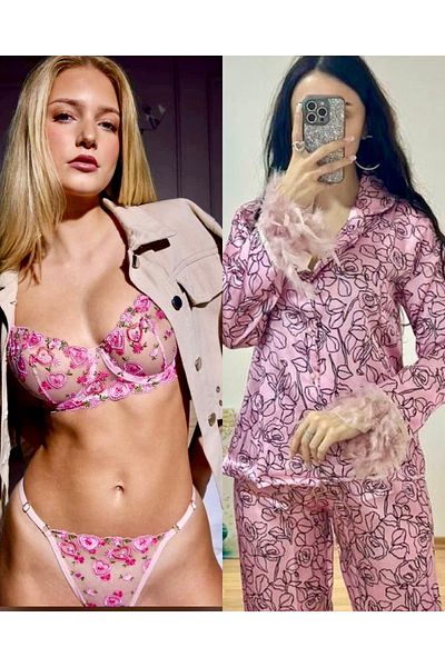 SATTENS Set of 4 Pink Satin Pajamas and Clamshell Bra