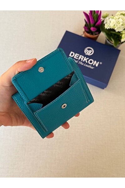 DERKON Portofel mic din piele naturală cu o mulțime de carduri Misha Model Petrol Green