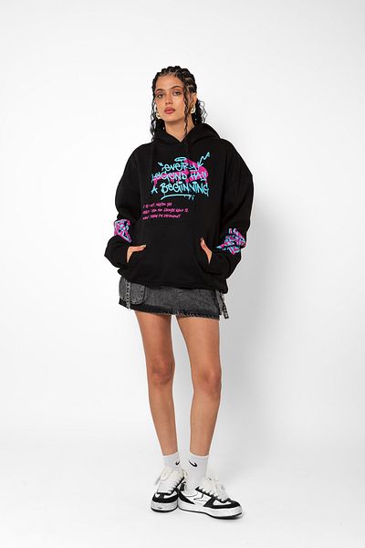 Bak Moda Jinx Arcane Printed Oversize Unisex Μαύρο φούτερ με κουκούλα