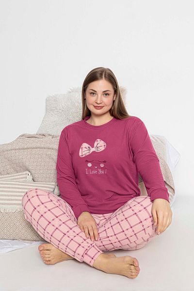 GUAVA+ Pink Printed Thermal Large Size Women's Long Sleeve Pjamas Suit