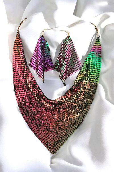 PETEK AKSESUAR ŞAL MODEL YANARDÖNER ZIRH METAL TASARIM KOLYE KÜPE SET