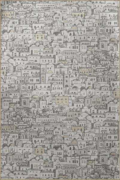 Rugs Modern Halı Berlin Bej Gri Temalı Antik Şehir Tasarım Bina Ev Desenli Mo...