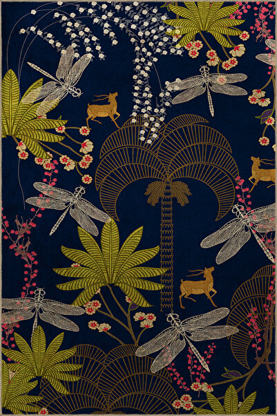 Rugs Modern Halı Lacivert Temalı Çok Renkli Çiçek ve Geyik Desenli Kreatif Mo...