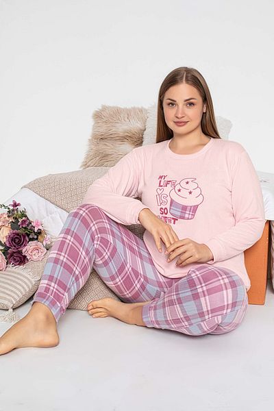 GUAVA+ Pink Printed Large Size Women's Thermal Long Sleeve Pjamas Suit